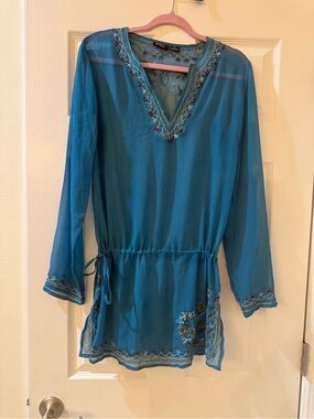 Vintage ETC Teal Embroidered & Beaded V-Neck Tunic with Drawstring Drop Waist